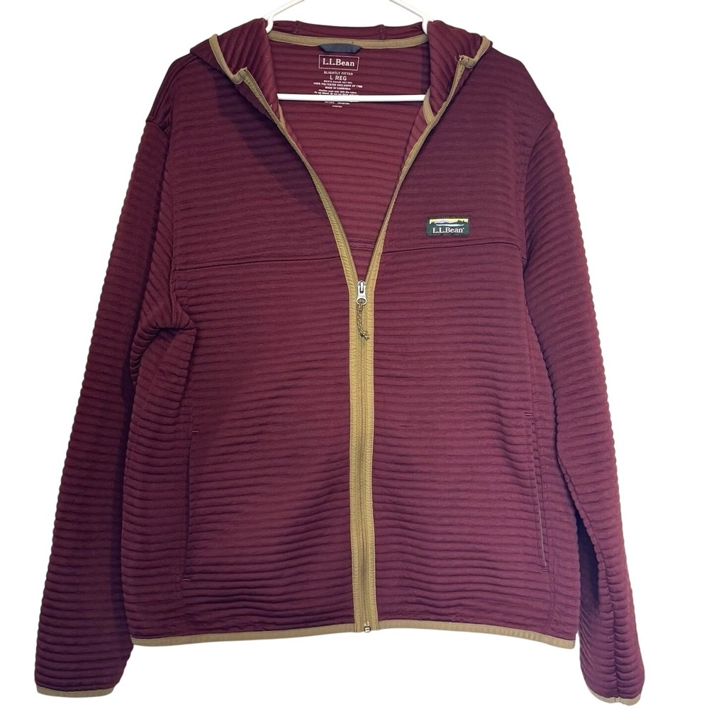 LL Bean Mens Airlight Knit Full Zip Hoodie Maroon Textured Sweater L REG